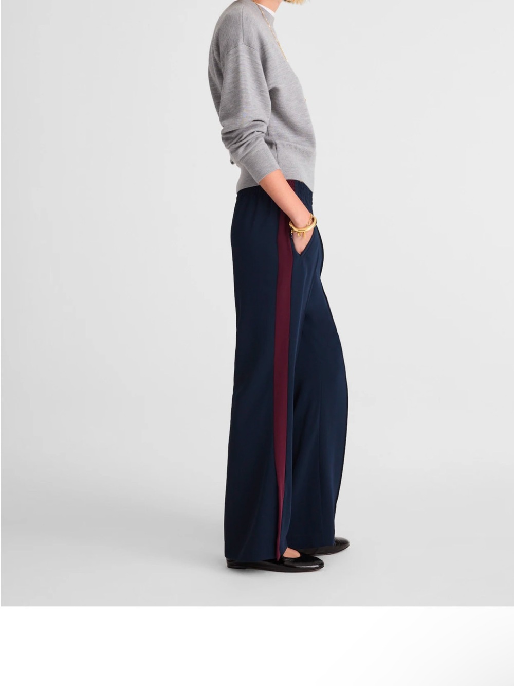 Madewell Navy Wide-Leg Track Pants with Burgundy Side Stripe. NWT